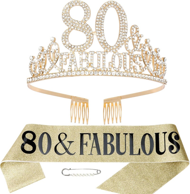Hapdoo Gold 80th Birthday Tiara & Sash Set, Happy 80th - Fabulous Decorations - Image 1